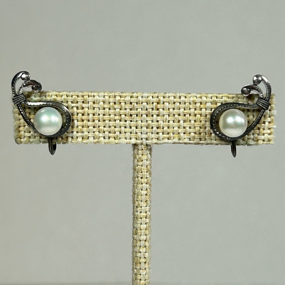 Vintage Mikimoto Akoya Pearl Screw-back Clip-On Earrings Sterling Silver 925